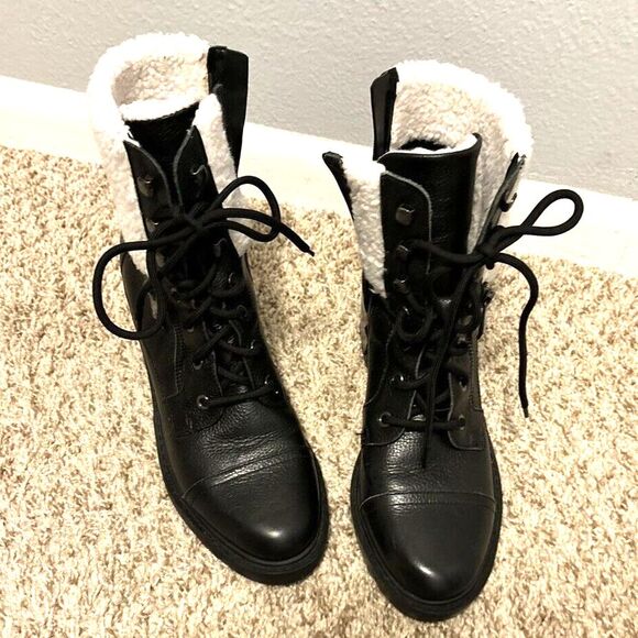 Marc Fisher Lace-Up Heeled Lansley Combat 8.5 Work Boot Shearling Lining Black - Picture 3 of 9